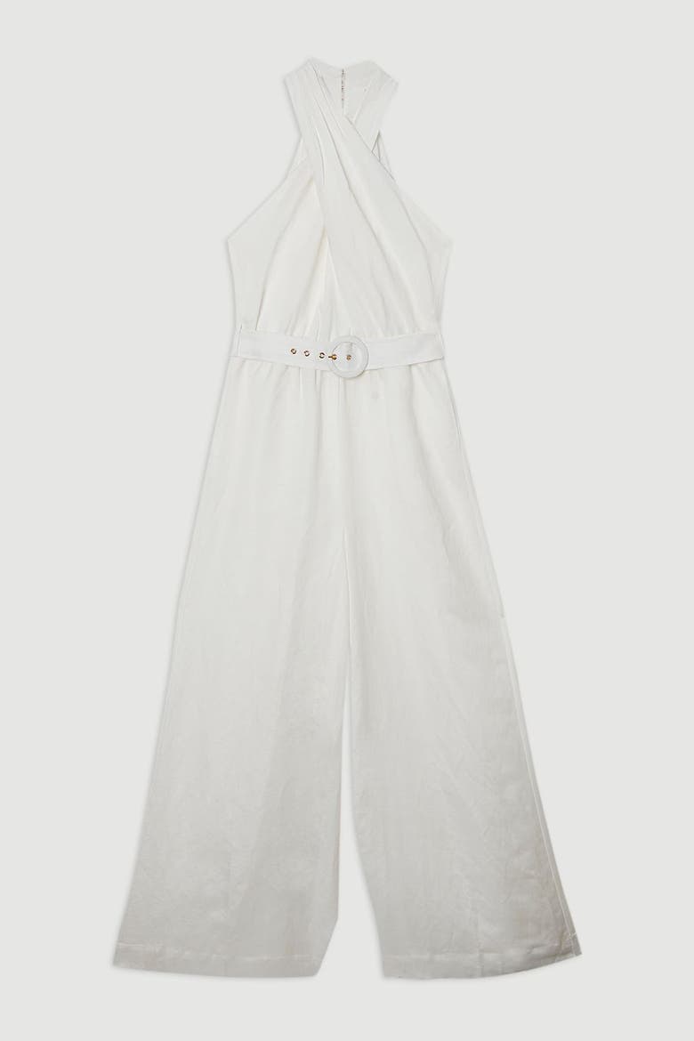 Linen Blend Wide Leg Belted Jumpsuit, Alternate, color, White