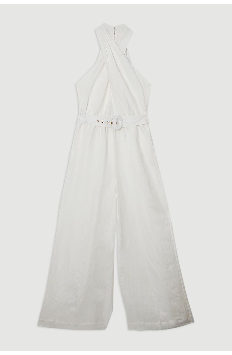Karen Millen Linen Blend Wide Leg Belted Jumpsuit, Alternate, color, White