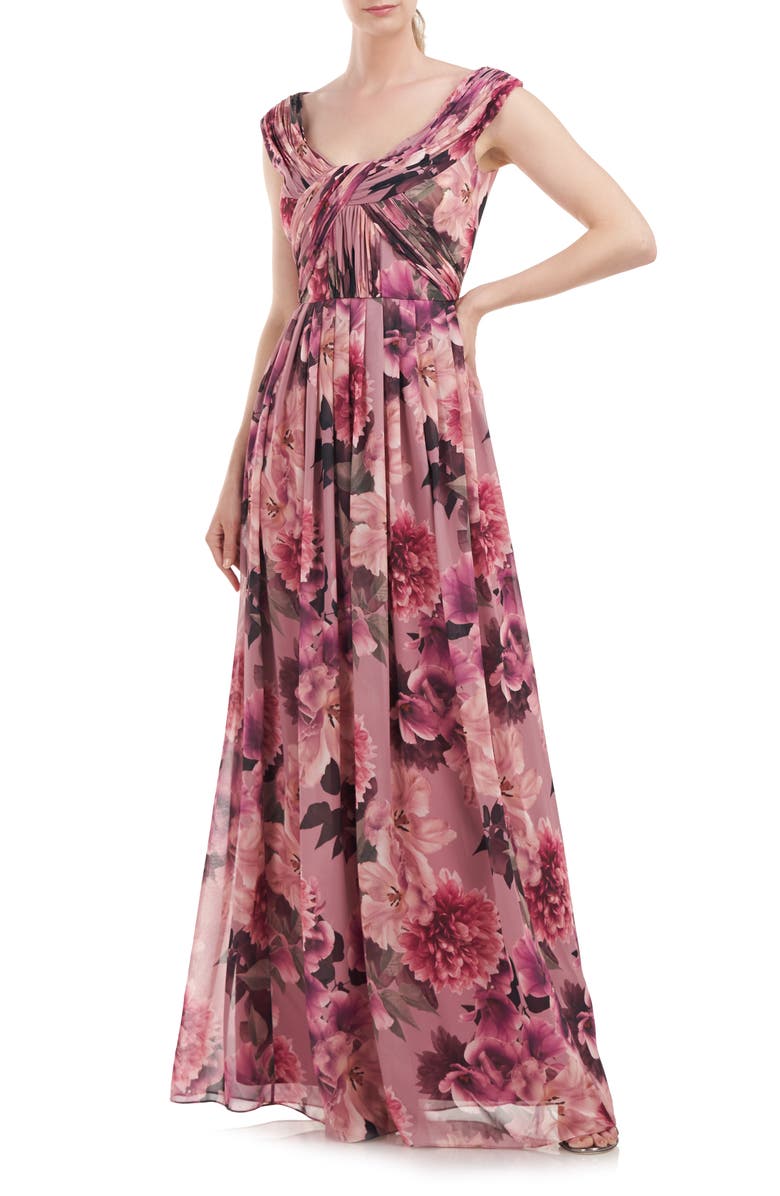 Kay Unger Dawson Floral Chiffon Gown, Main, color, 