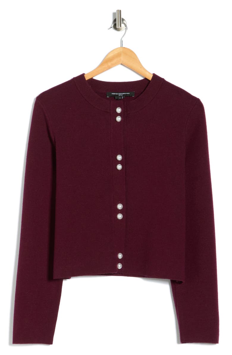 French Connection Faux Pearl Button Cardigan, Alternate, color, Evening Wine