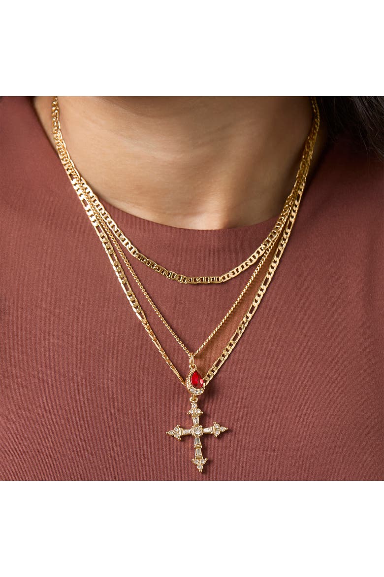 Layered Cross & Gem Necklace, Alternate, color, Gold