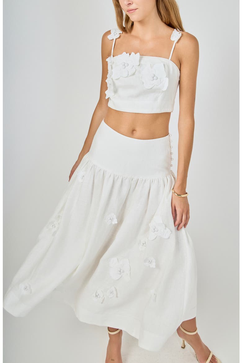 Floral Detail Linen Midi Skirt, Alternate, color, WHITE