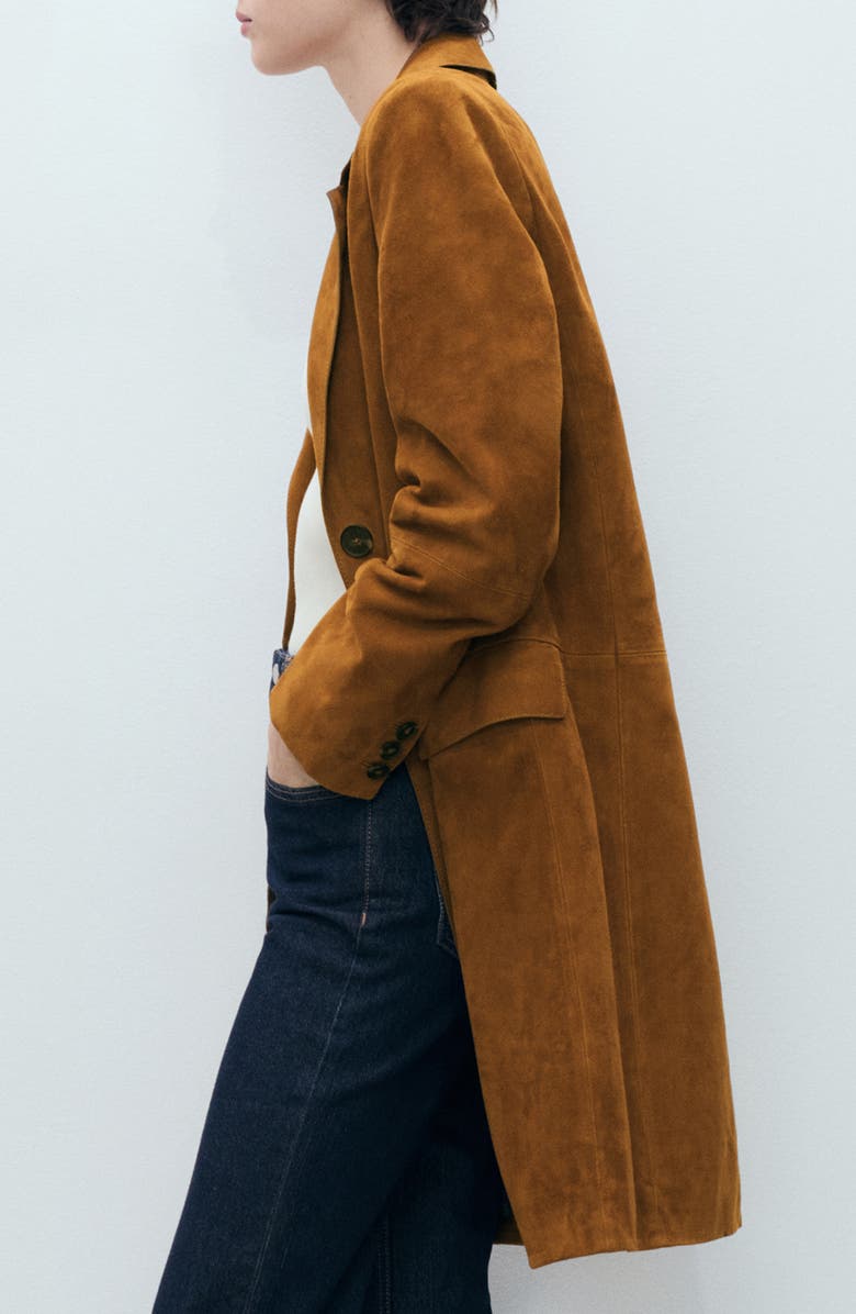 MANGO Notched Lapel Suede Coat, Alternate, color, Medium Brown