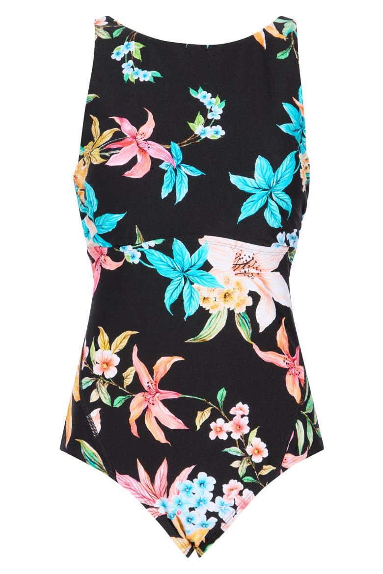 Garden Party High Line One-Piece Swimsuit, Alternate, color, BLACK