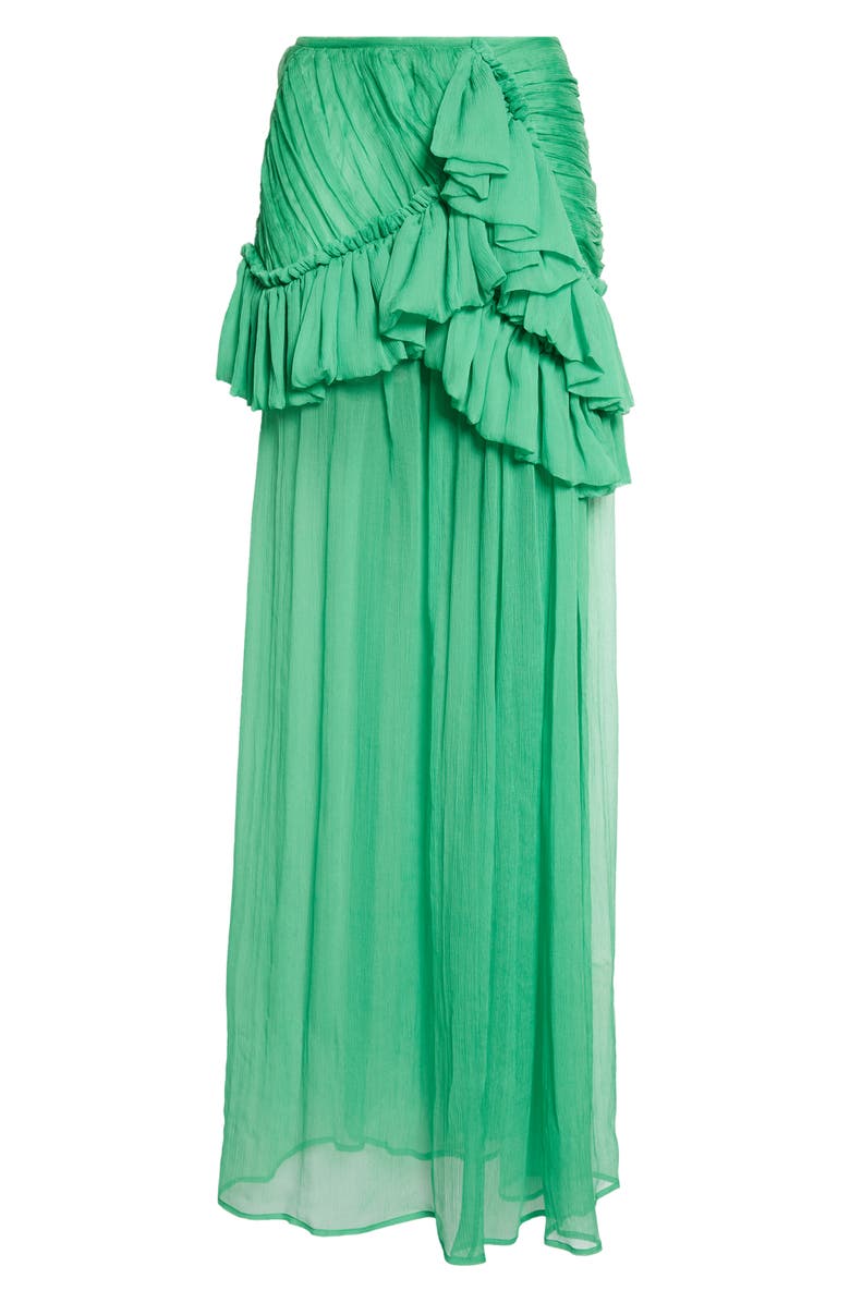 Dries Van Noten Washed Mousseline Silk Ruffle Maxi Skirt, Main, color, Green