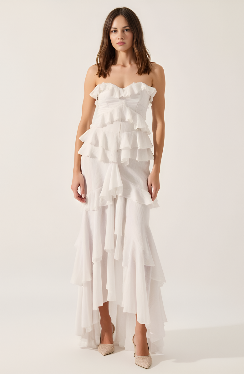 Modenaire Strapless Raw Edge Tiered Ruffle Maxi Dress, Main, color, Ivory