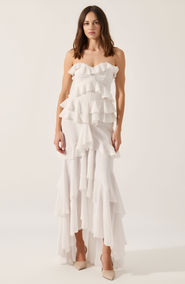 Modenaire Strapless Raw Edge Tiered Ruffle Maxi Dress