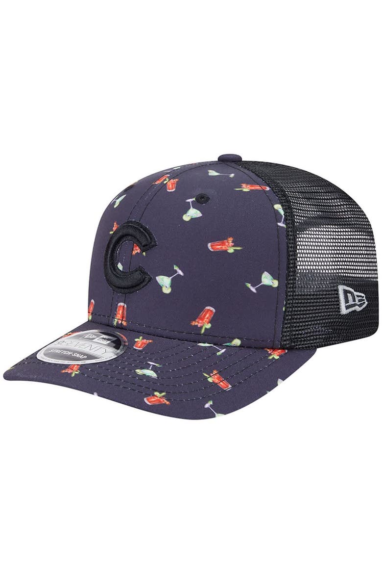 Men's New Era Black Chicago Cubs Adventure Drinks Pattern 9SEVENTY Stretch-Snap Hat, Main, color, Navy