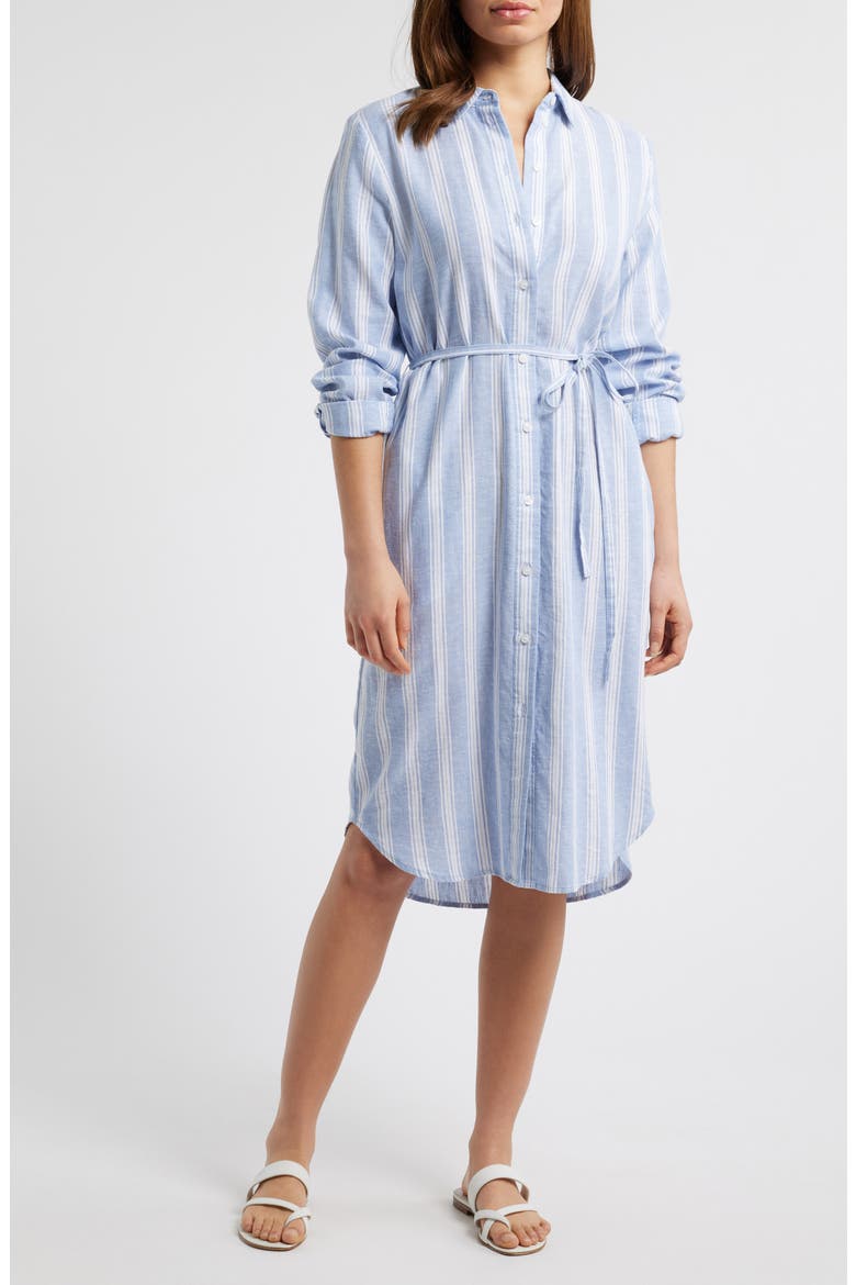 Stripe Long Sleeve Linen Blend Shirtdress, Main, color, BLUE- WHITE TAY STRIPE