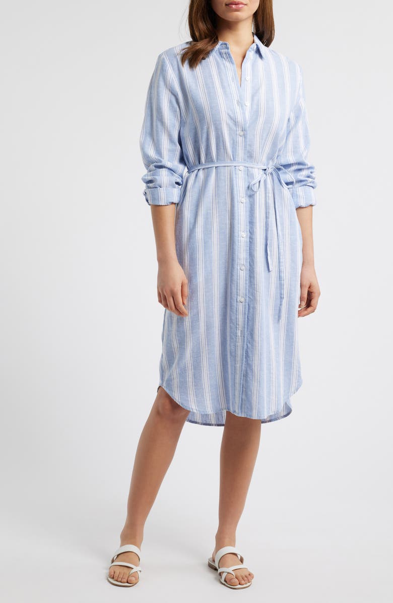 Caslon<sup>®</sup> Stripe Long Sleeve Linen Blend Shirtdress, Main, color, 