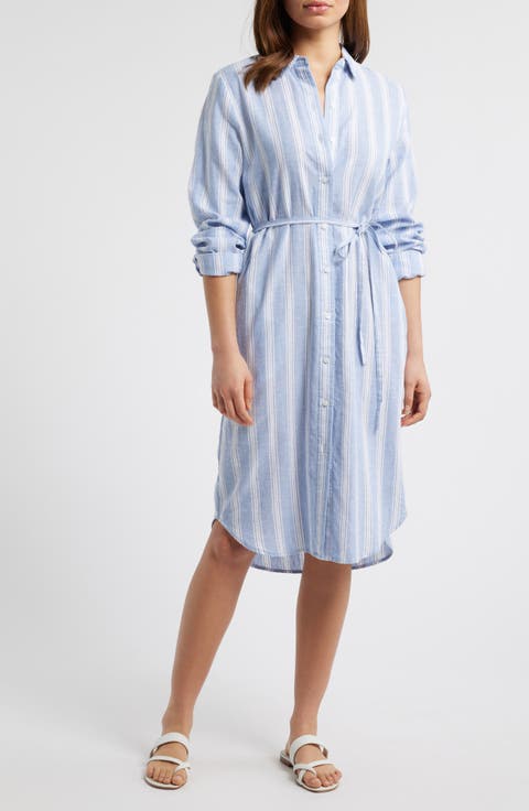 Stripe Long Sleeve Linen Blend Shirtdress