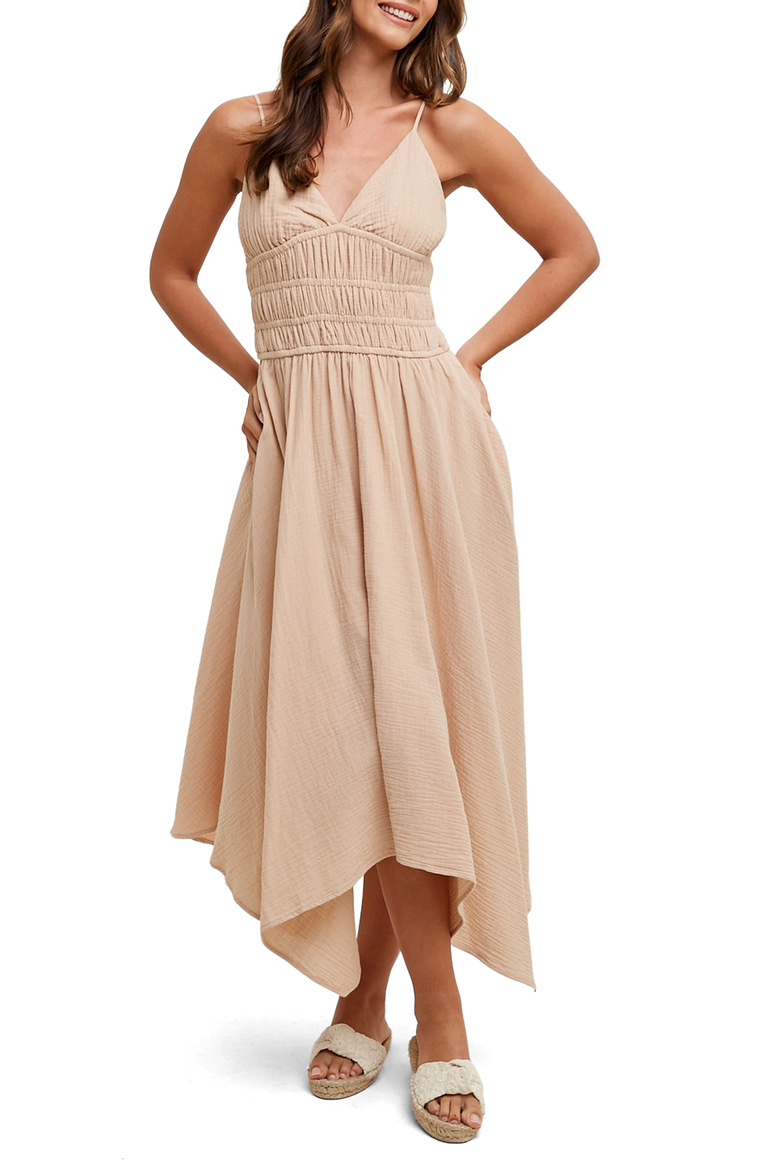 WISHLIST Smocked Handkerchief Hem Midi Dress