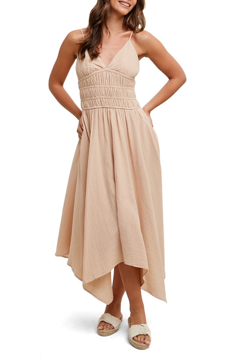 Smocked Handkerchief Hem Midi Dress, Main, color, NATURAL
