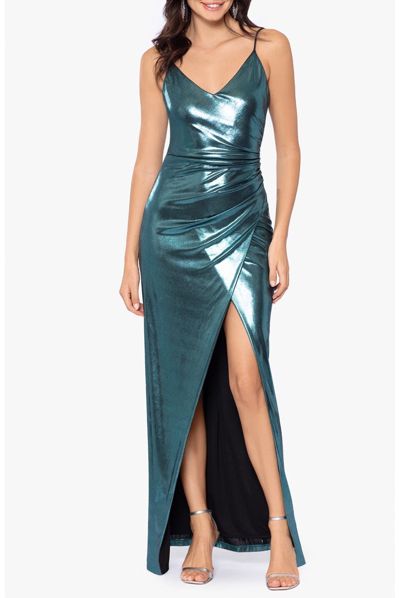 Ruched Lamé Sheath Gown, Main, color, BLACK/ BLUE
