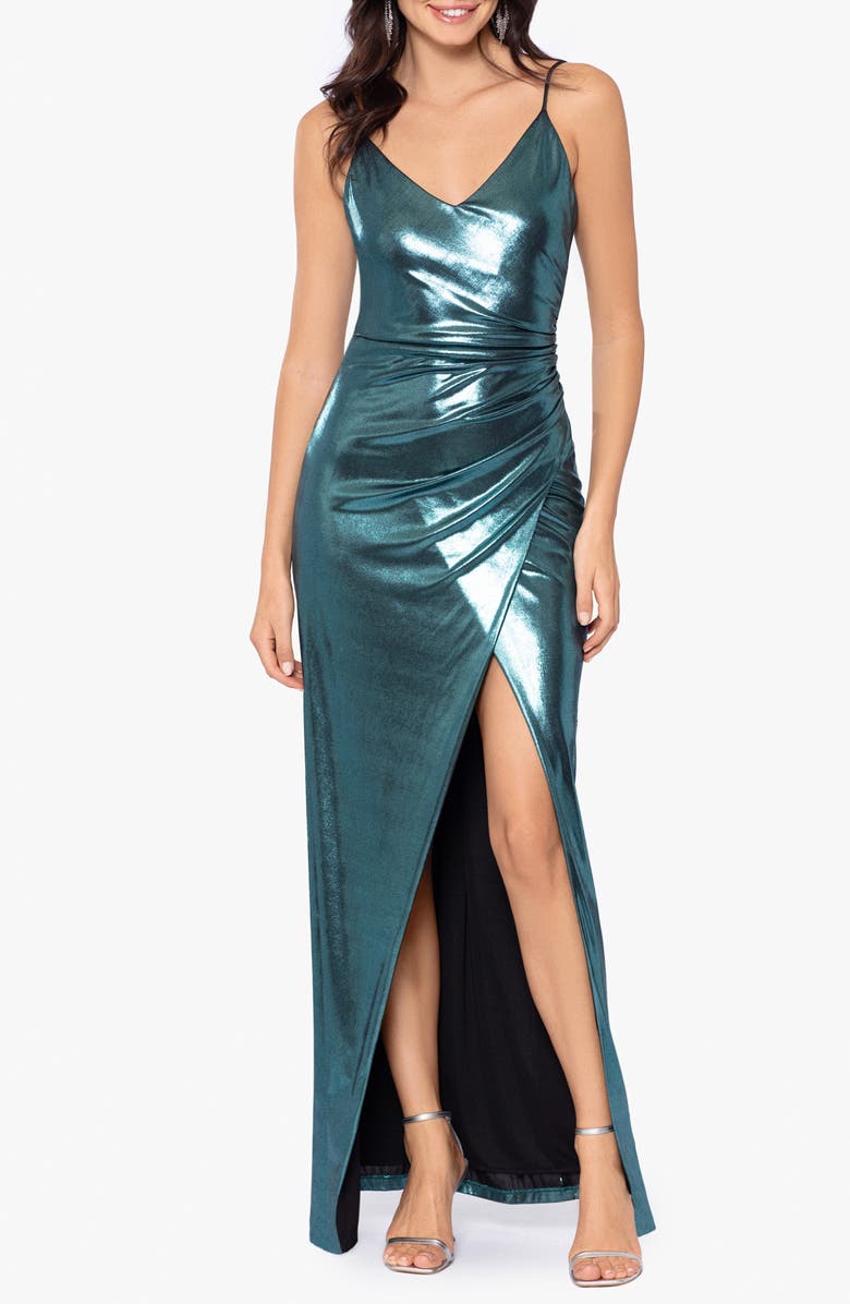 Betsy & Adam Ruched Lamé Sheath Gown, Main, color, 
