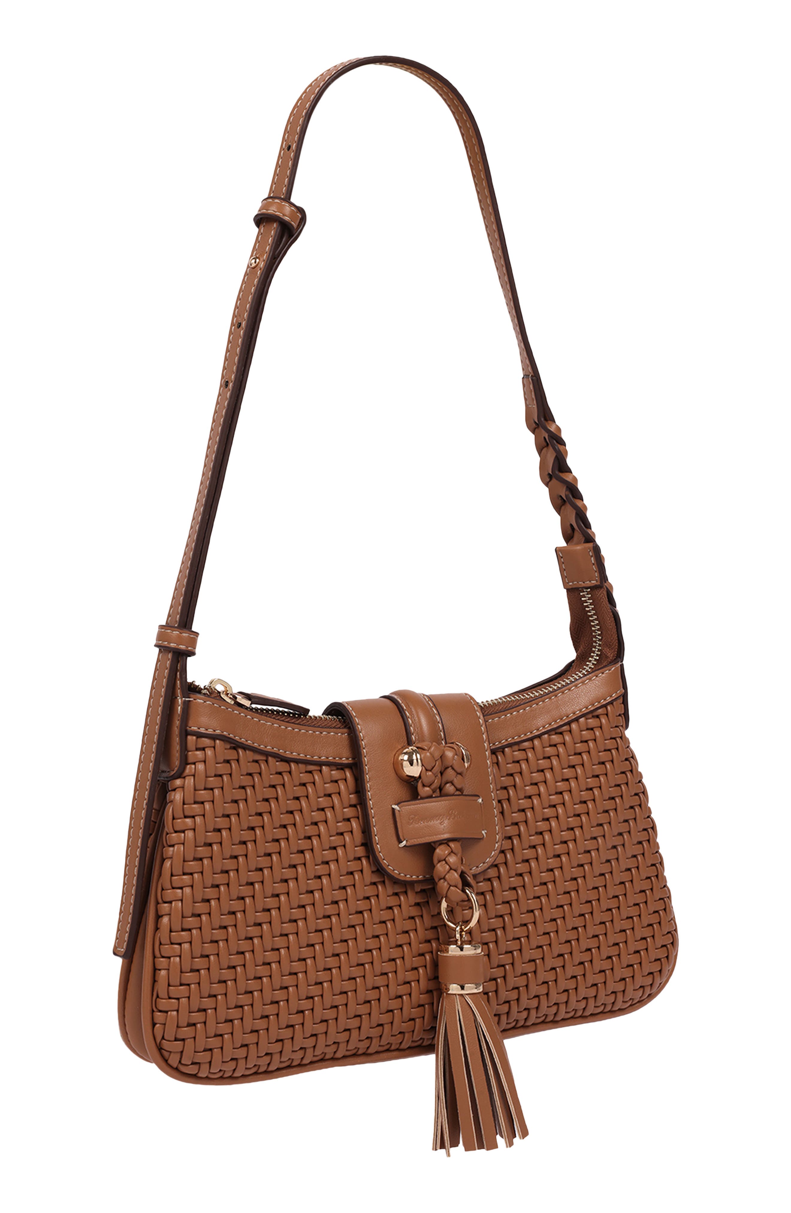 Tassel Tab Woven Faux Leather Shoulder Bag, Alternate, color, NUTMEG