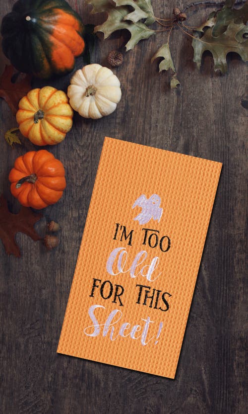 C & F Home C&f Home I'm Too Old For This Sheet Halloween Embroidered Cotton Waffle Weave Kitchen Towel In Orange