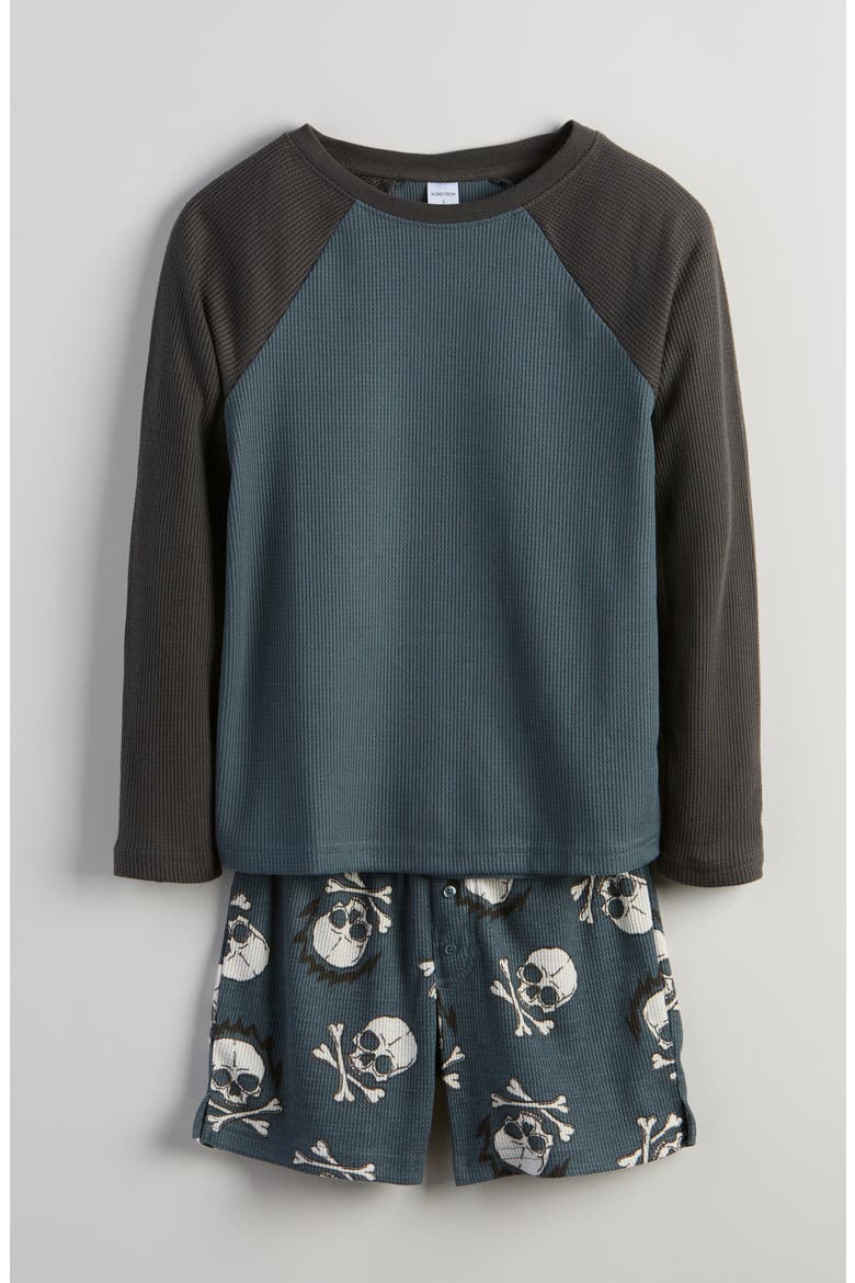 Kids' Two-Piece Henley Short Pajamas, Main, color, BLACK- BLUE SKULL BONE