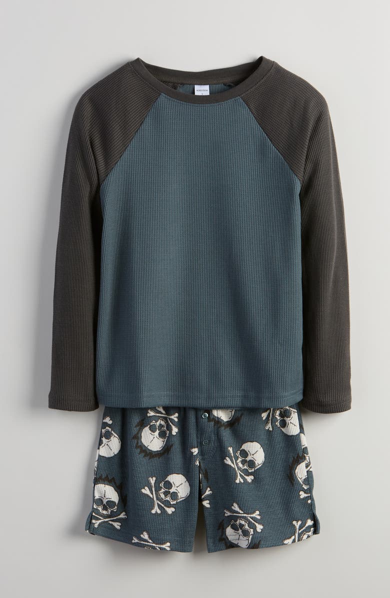 Nordstrom Kids' Two-Piece Henley Short Pajamas, Main, color, Black- Blue Skull Bone