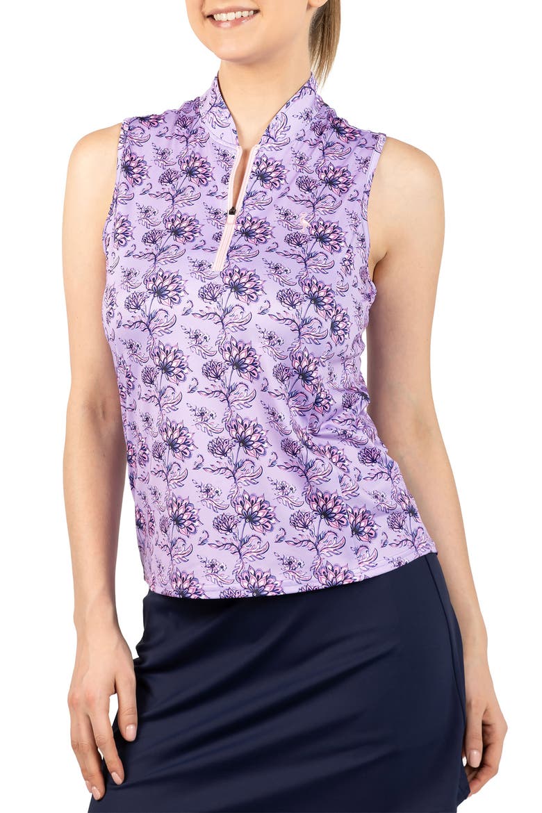 Floral Print Sleeveless Quarter Zip Polo, Main, color, LAVENDER