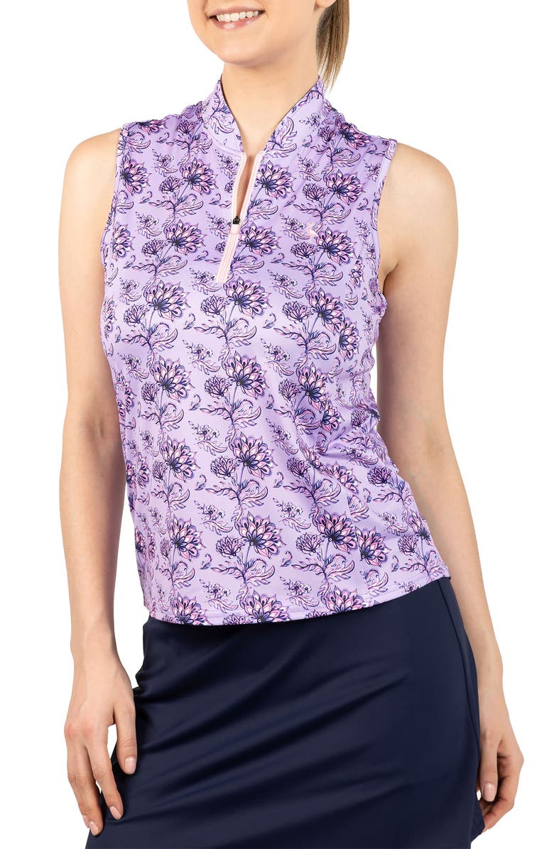 TailorByrd Floral Print Sleeveless Quarter Zip Polo, Main, color, Lavender
