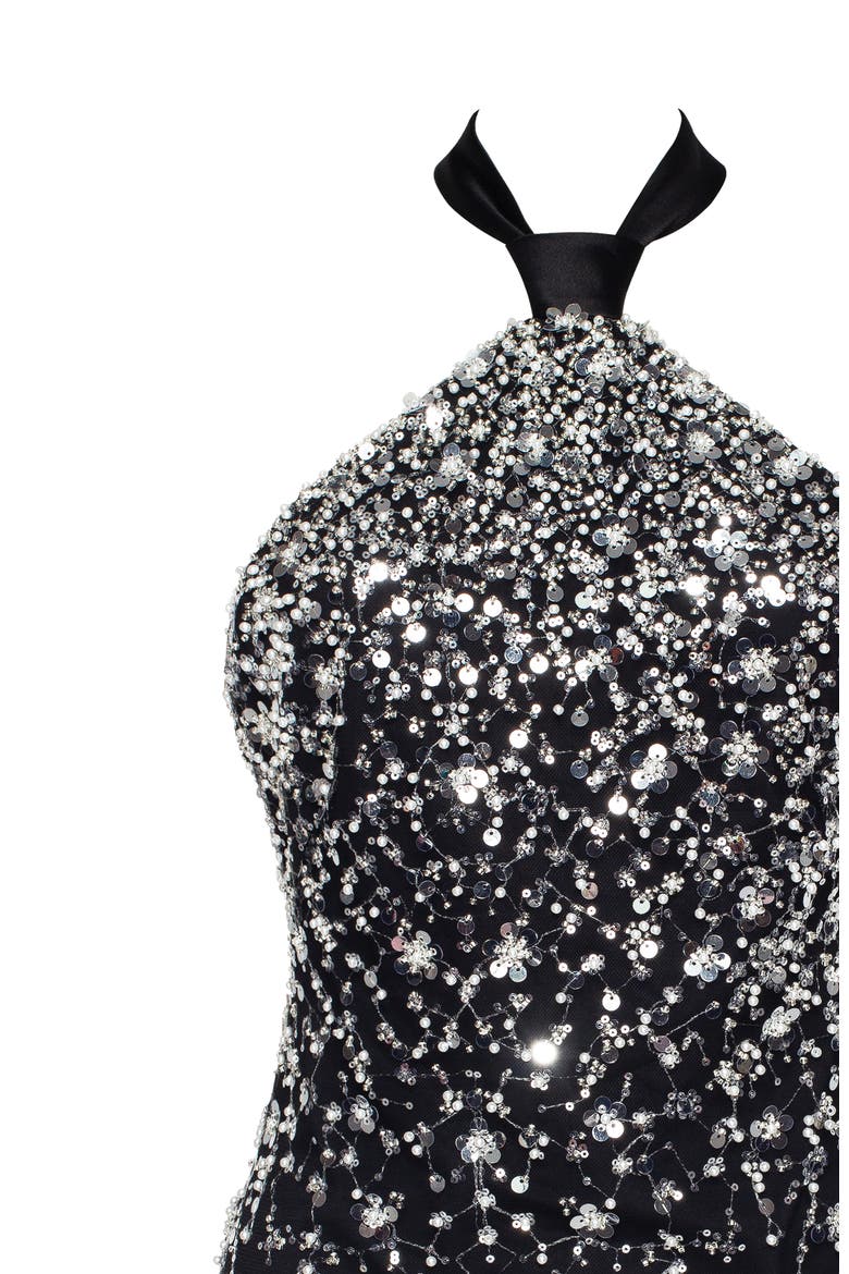Bodycon Halterneck Crystal-Embellished Mini Cocktail Dress in Black, Alternate, color, Black