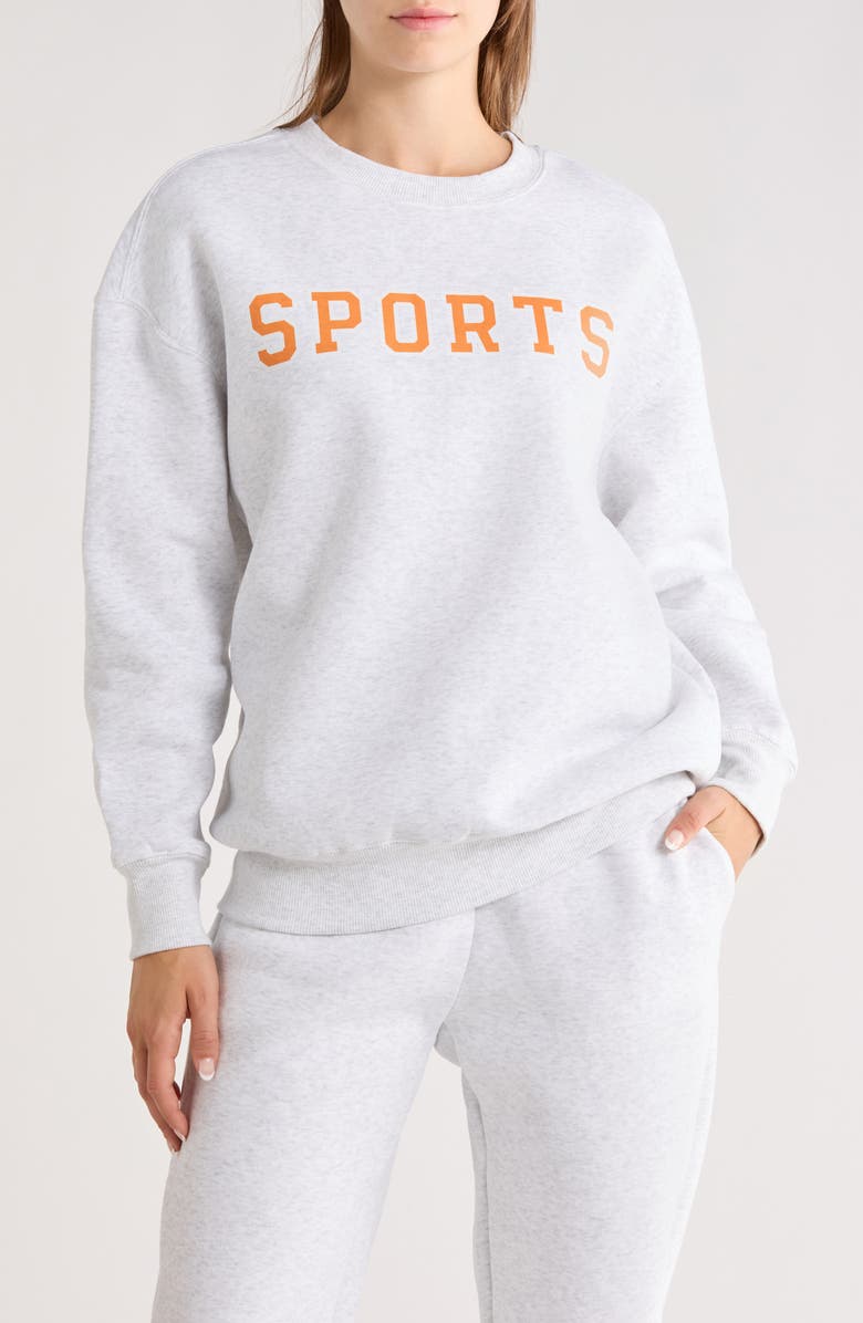 90 DEGREE BY REFLEX Varsity Vault Fleece Graphic Sweatshirt, Main, color, Heather Light Grey/ Orange