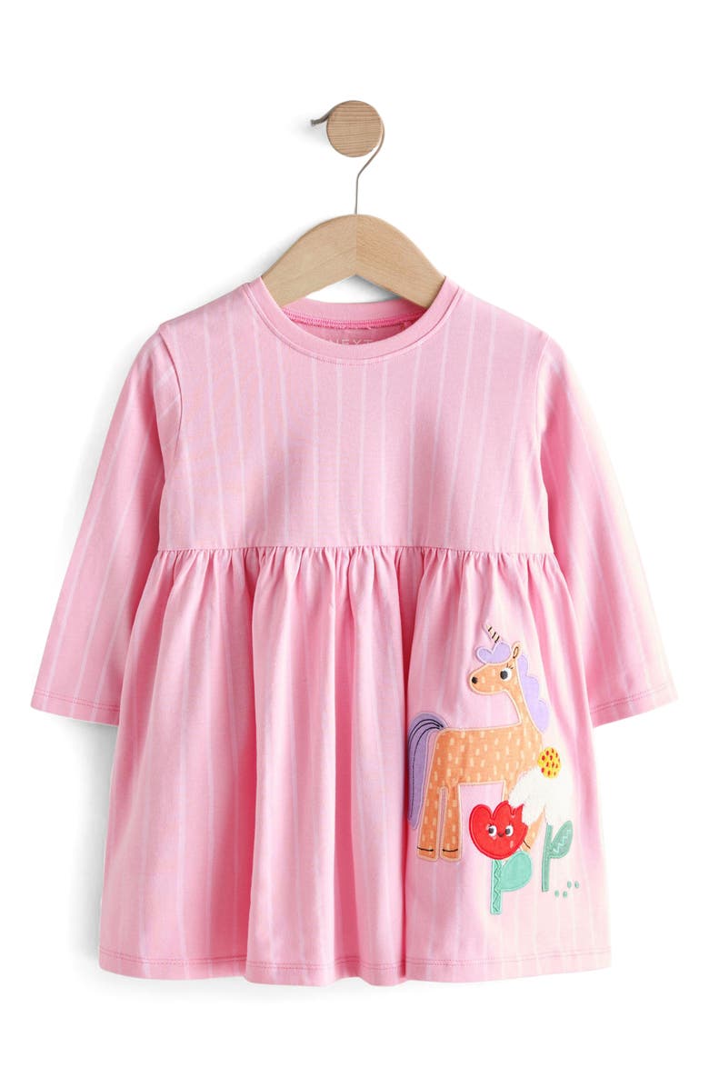 NEXT Kids' Unicorn Appliqué Long Sleeve Cotton Jersey Dress, Alternate, color, Pink