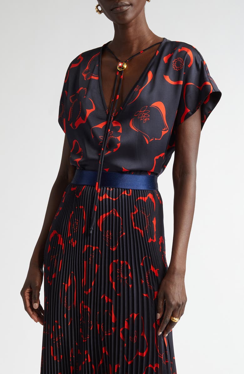 ST. JOHN '50s Floral Print Bolo Tie Top, Main, color, Midnight/ Geranium