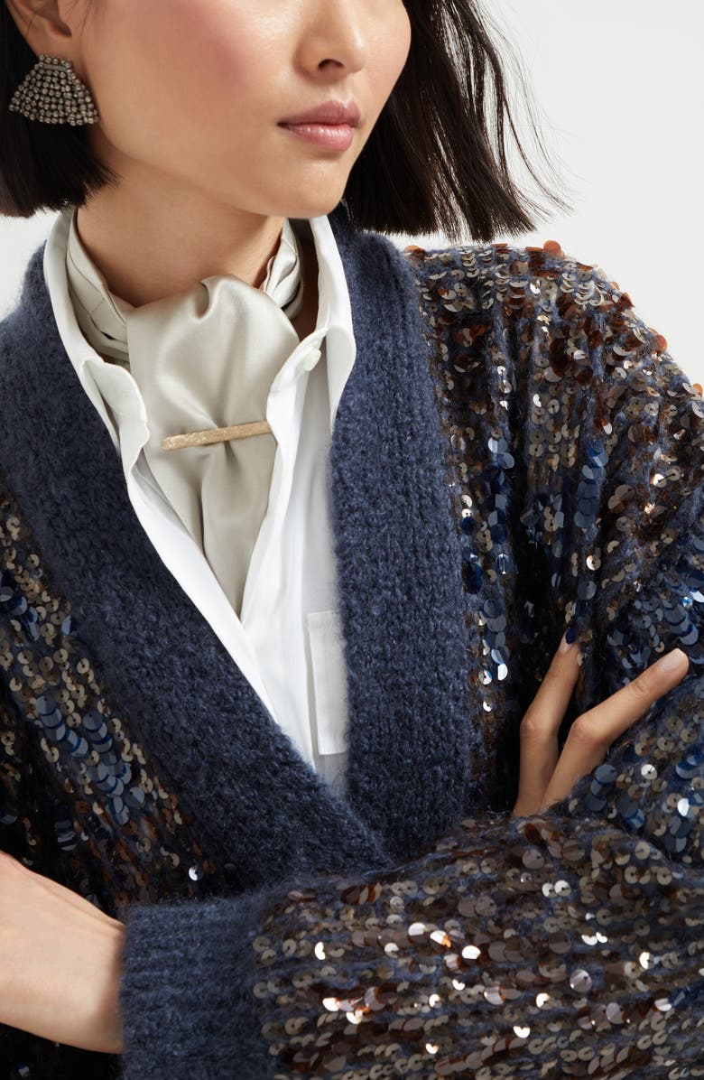 Brunello Cucinelli Dazzling dégradé embroidery cardigan, Alternate, color, Navy Blue