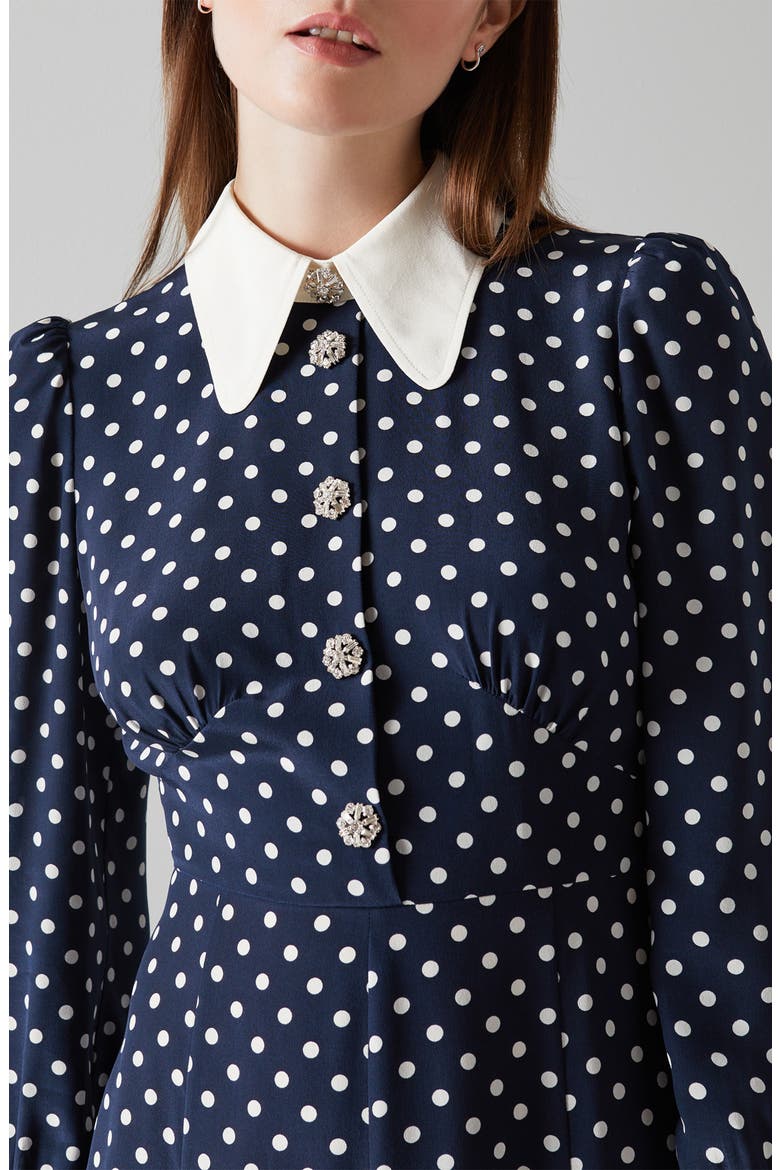Mathilde Polka Dot Long Sleeve Silk Fit & Flare Dress, Alternate, color, SPRING NAVY/ ANTIQUE