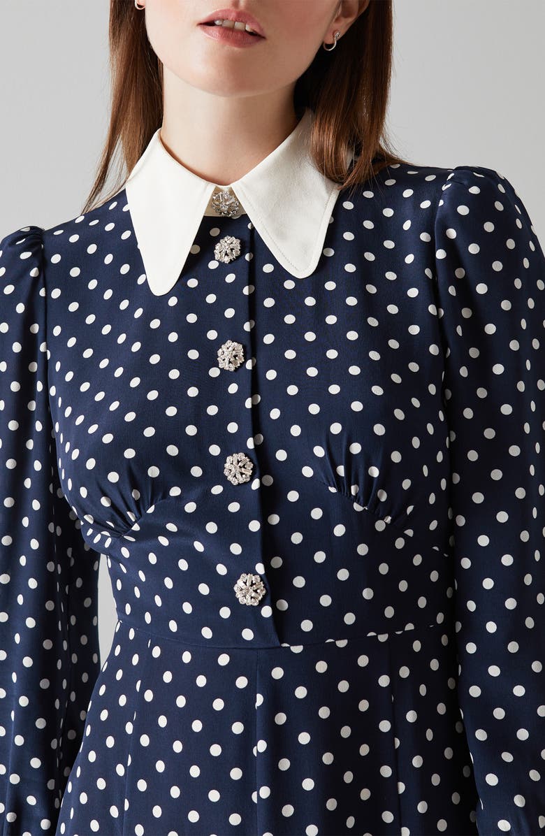 LK Bennett Mathilde Polka Dot Long Sleeve Silk Fit & Flare Dress, Alternate, color, Spring Navy/ Antique