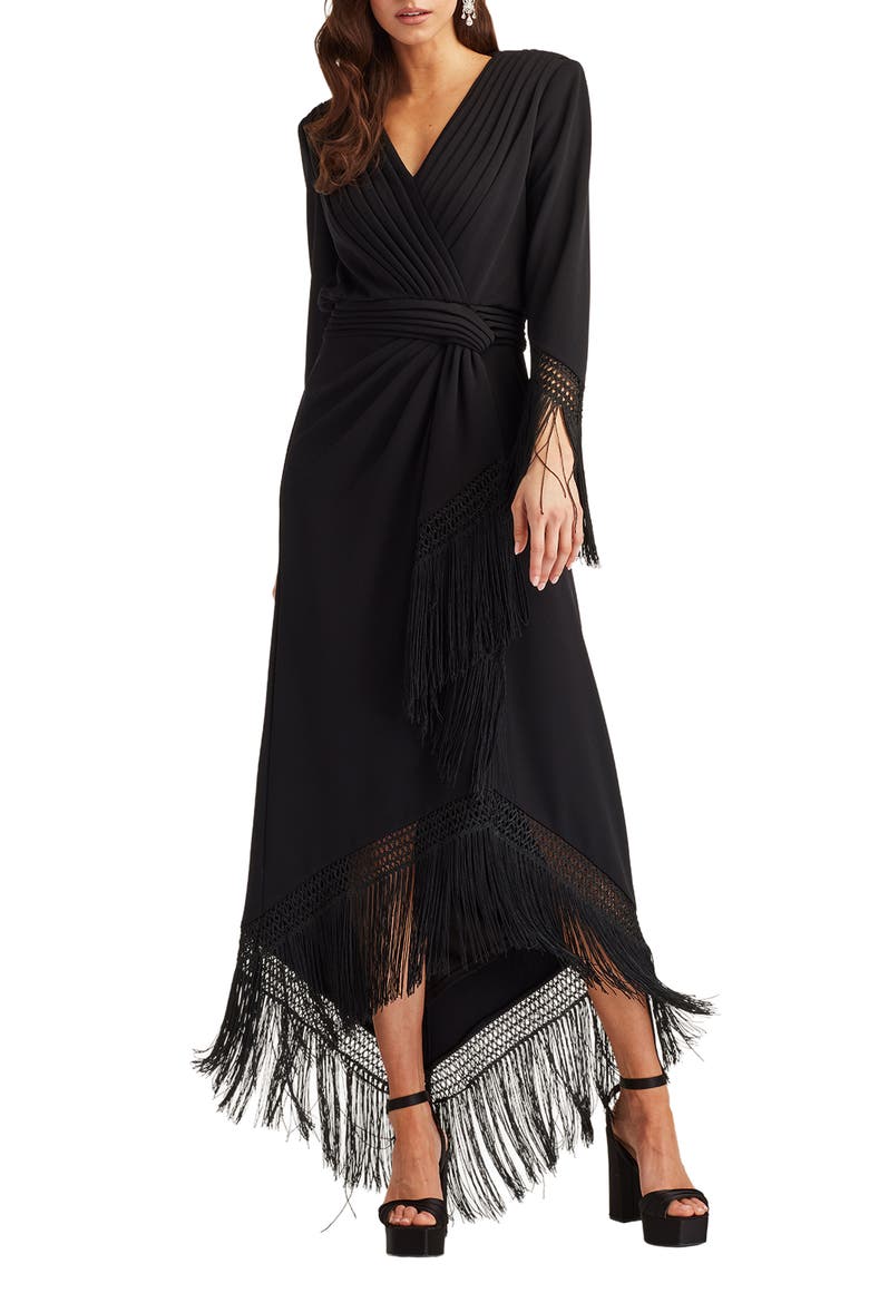 Fringe Detail Long Sleeve Gown, Alternate, color, BLACK