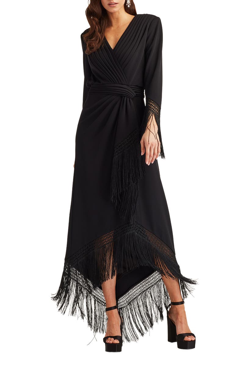 Tadashi Shoji Fringe Detail Long Sleeve Gown, Alternate, color, Black