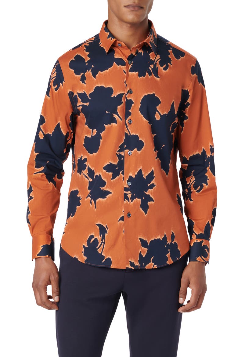 Julian Shaped Fit Floral Print Stretch Cotton Button-Up Shirt, Main, color, BURNT ORANGE