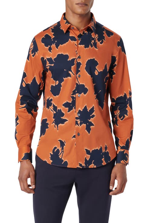 Julian Shaped Fit Floral Print Stretch Cotton Button-Up Shirt