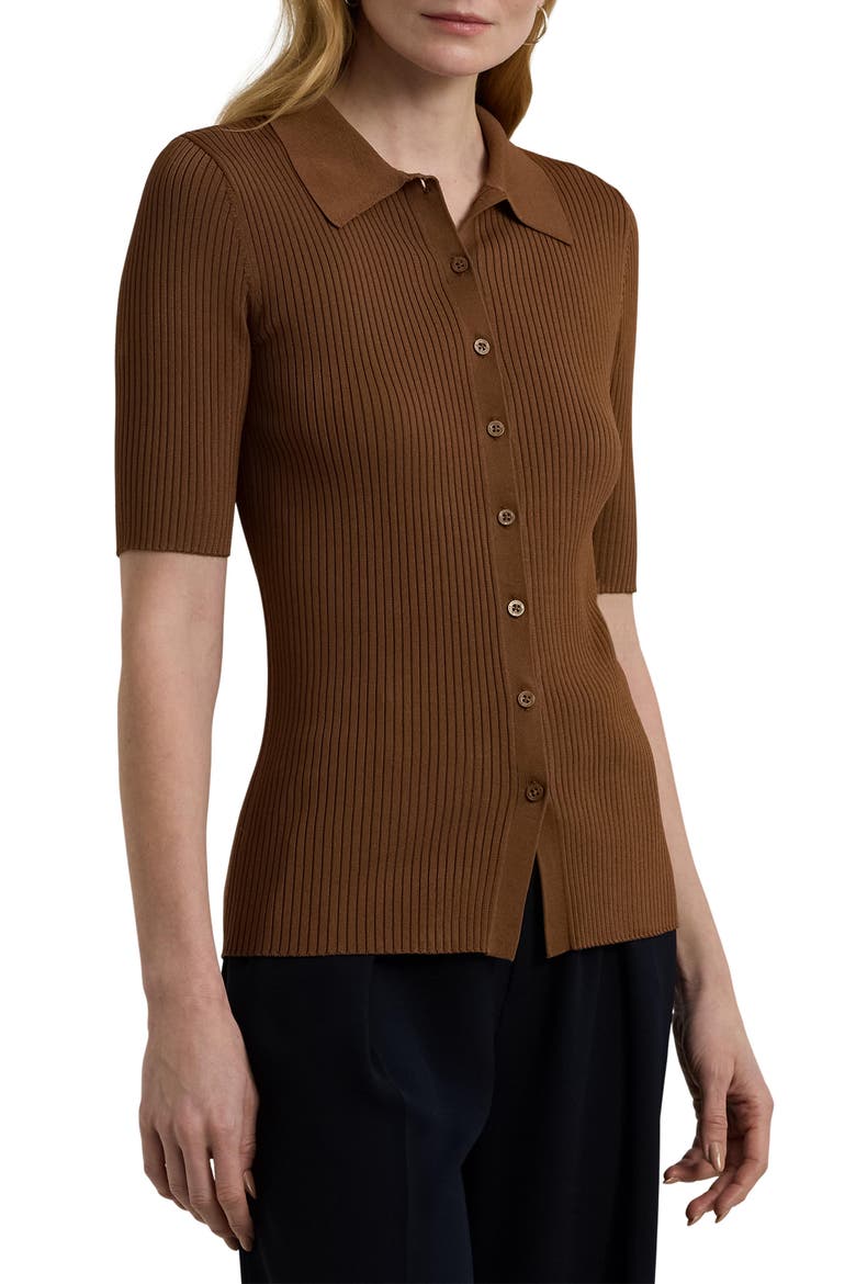 Rib Knit Elbow Sleeve Polo Cardigan, Main, color, DARK TERRACOTTA