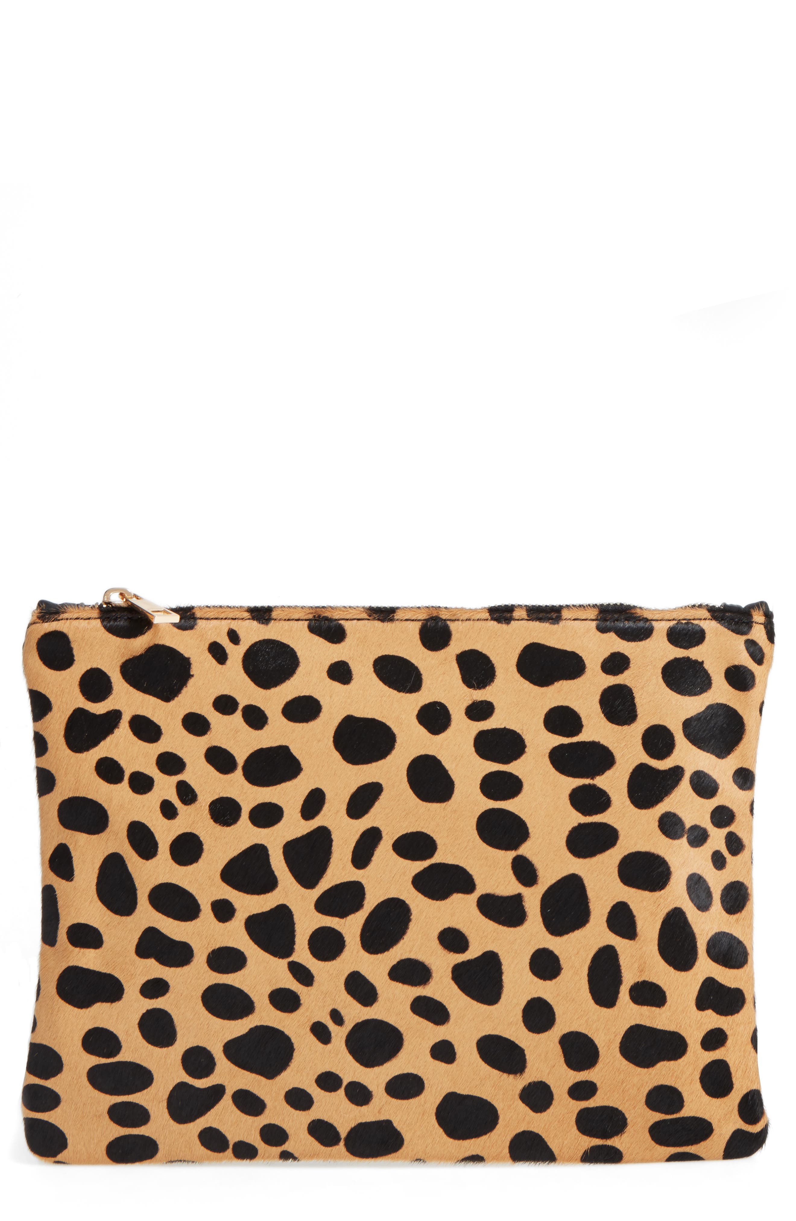 Leopard Print Genuine Calf Hair Clutch, Main, color, NATURAL