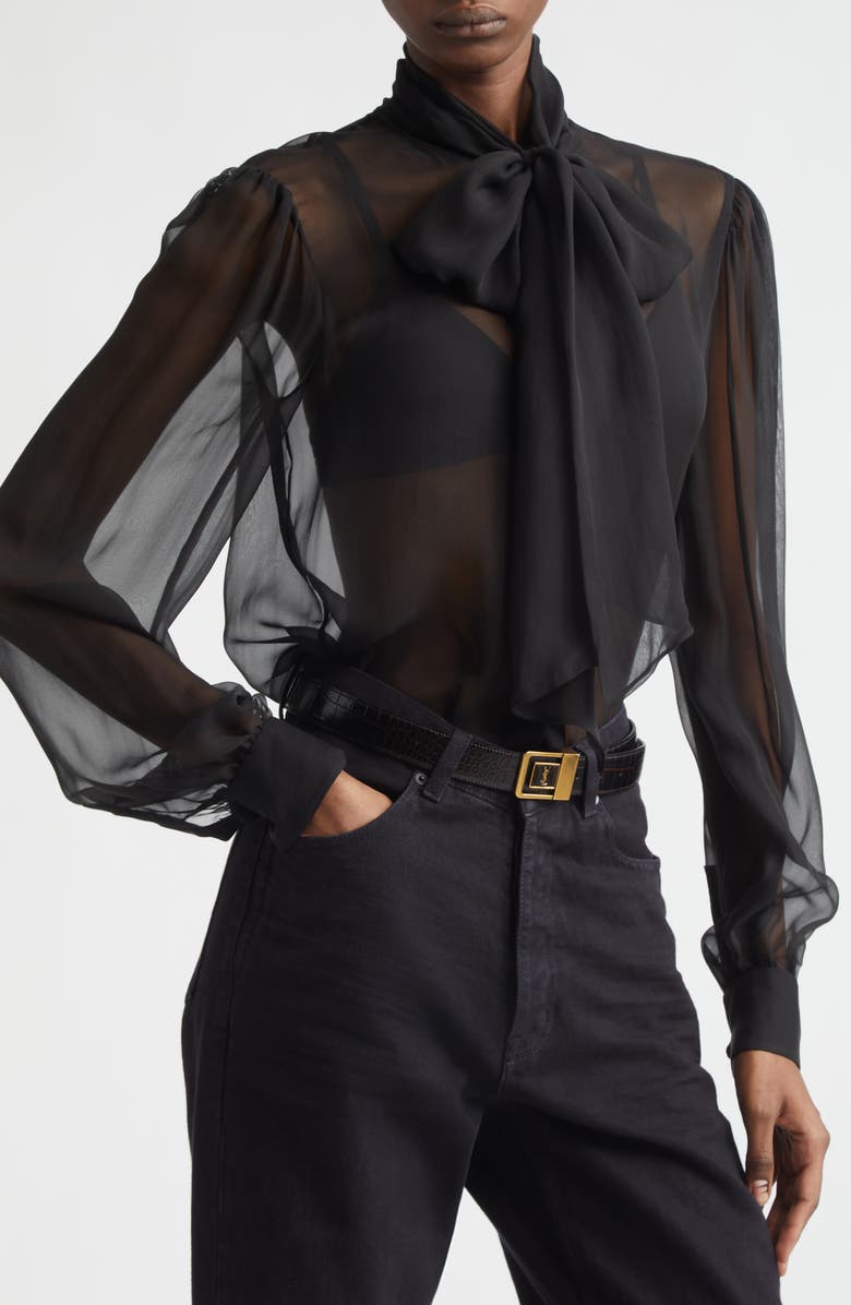 Saint Laurent Sheer Silk Chiffon Tie Neck Shirt, Alternate, color, Noir