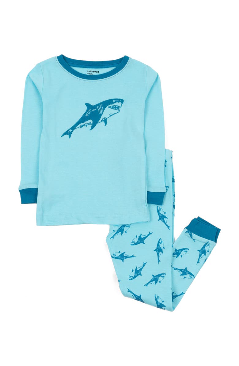 Leveret Kids Cotton Two-Piece Printed Pajamas, Animals & Characters, Main, color, Sharks Royal Blue