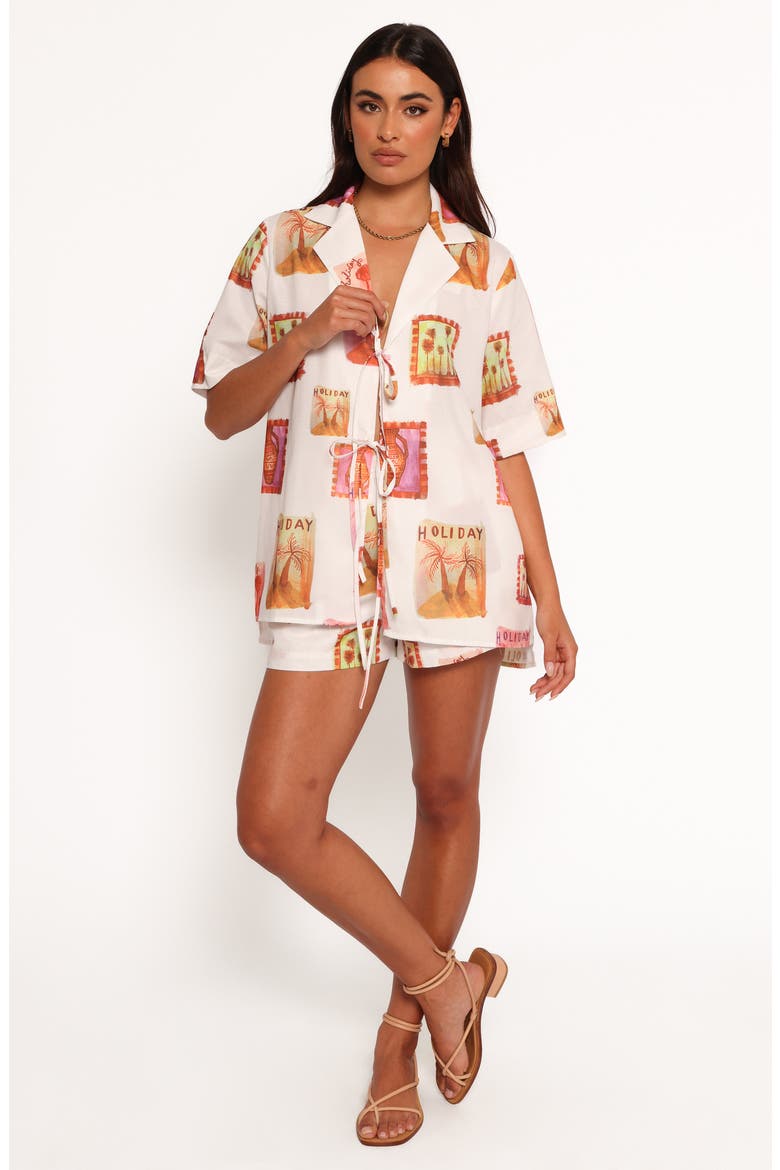 Aaliyah Postcard Print Tie Front Shirt, Alternate, color, WHITE MULTI