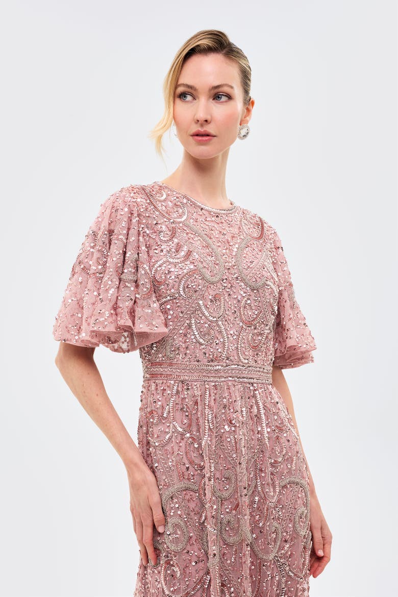 Embellished Sequins Flutter Dress, Alternate, color, FROSTED PINK