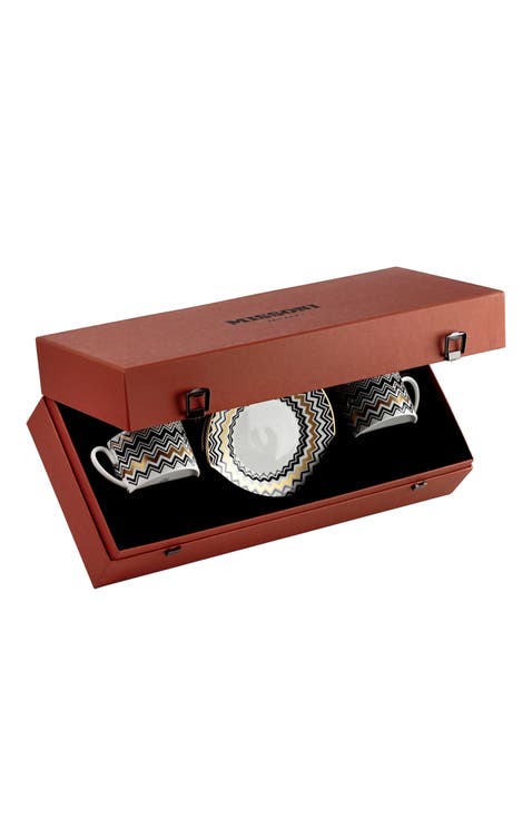 Tea Cup & Saucer ZIG ZAG Set of 2 in Luxury Box Gold diam. 3.3", H 2.3", cap. 7.5 oz, Saucer diam. 6"