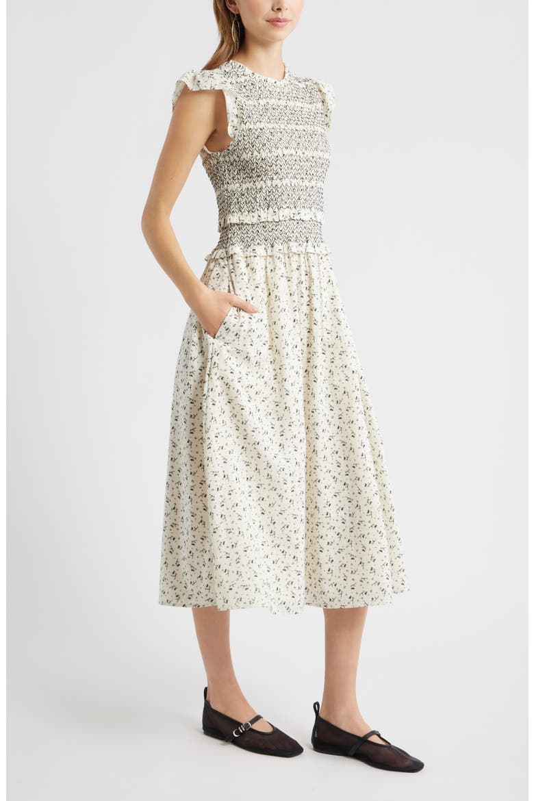 Smocked Bodice Tie Back Cotton Midi Dress, Alternate, color, IVORY- BLACK WALLPAPER DITSY