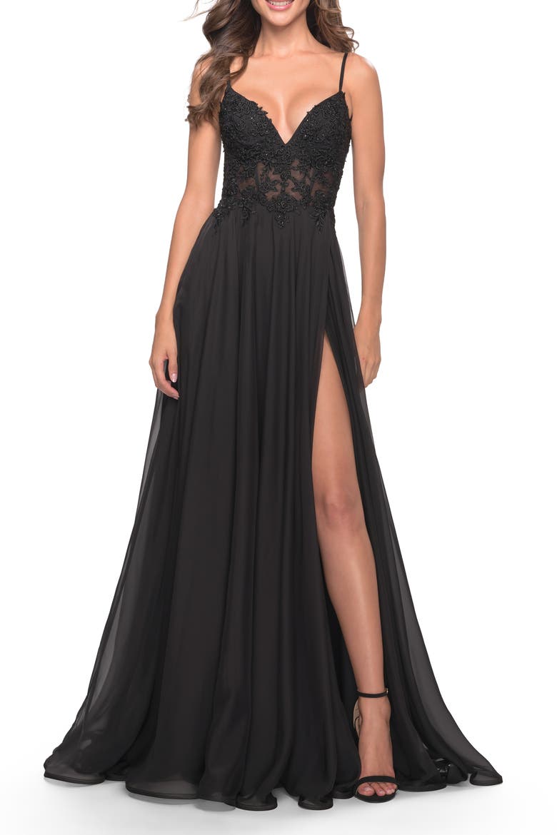 A-line Gown with Sheer Floral Embellished Bodice in Jewel Tones, Alternate, color, Black