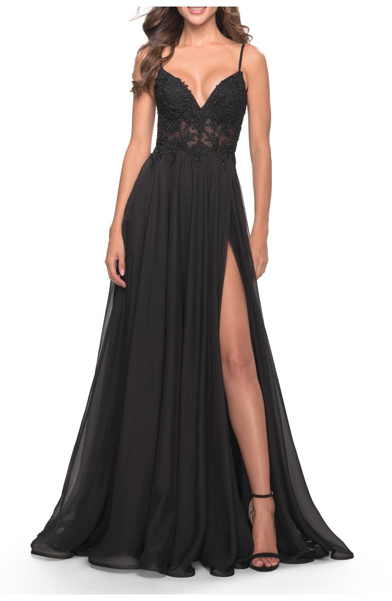 La Femme A-line Gown with Sheer Floral Embellished Bodice in Jewel Tones, Alternate, color, Black