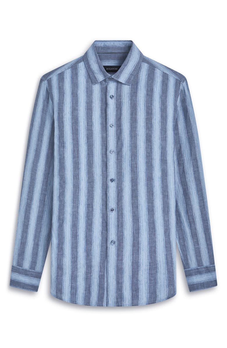 Bugatchi Julian Shaped Fit Stripe Linen Button-Up Shirt, Alternate, color,