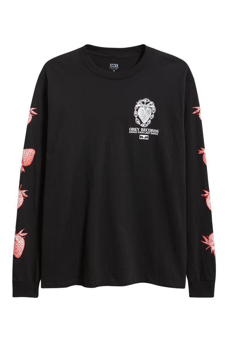 Strawberry Garden Long Sleeve Cotton Graphic T-Shirt, Alternate, color, BLACK