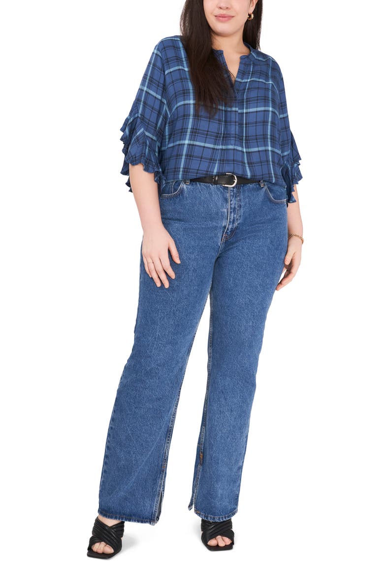 Plaid Ruffle Sleeve Top, Alternate, color, BLUEBERRY