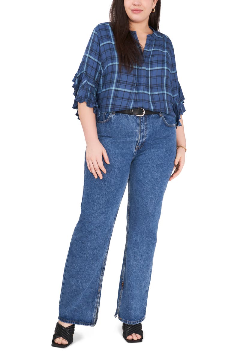 Vince Camuto Plaid Ruffle Sleeve Top, Alternate, color, 